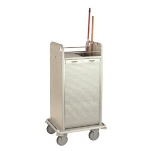 Chariot de nettoyage PALACE NET, structure légère et solide en tube d'acier avec revêtement gris clair RAL 9006, panneaux latéraux et arrière en HPL (3 finitions disponibles), pare-chocs intégral non-marquant. Niveau supérieur avec barre de galerie 1 compartiment intérieur avec étagère amovible, volet roulant verrouillable 4 roulettes pives. 150 mm ø, don't 2 à freins, 690 x 565 x 1320 mm