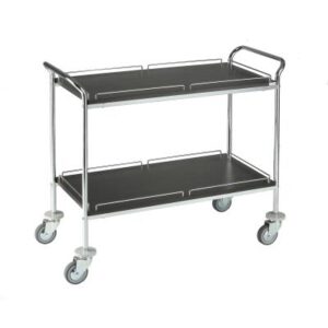 Chariot de service Caddie Passepartout 2 étagères en bois mélaminé (couleur noir métal) avec barres de retention en finition chromé, 1030 x 490 x 945 mm, 4 roulettes pivotantes ø 100mm avec  pare-chocs transport départ usine