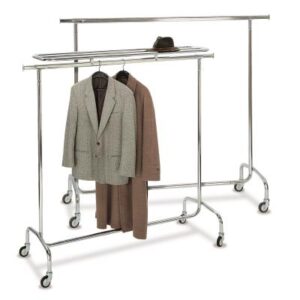 Caddie Penderie mobile Easy HR avec porte chapeaux (30 cm de largeur) revêtement chromé, avec 2 extensions coulissantes (longueur utile passe de 150 cm à 200 cm), dimensions: 155 x 56 x 161 cm, 4 roulettes pivotantes 80 mm ø, poids: 14 kg. transport départ usin