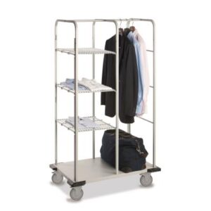 Caddie Verso 1, Multifunktionswagen 94 x 62 x 186 cm, grau pulverbeschichtet (RAL9006)  inkl. 3 abklappbaren Regalböden aus Draht, Kleiderstange, Eckstossschutz 4 Lenkrollen 150 mm ø, davon 2 Bremsollen Transport ab Lieferwerk