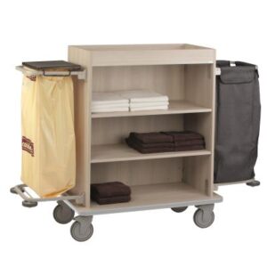 Caddie Valet George M, structure en bois mélaminé, choix de 9 coloris de panneaux, dim éxt (options plié): 850 x 535 x 1474 mm, pare-chocs intégral non marquant, avec options SAC (support Sac à linge) et PVC (support Sac déchets), 4 niveaux de rangement dont 2 étagères règlables en hauteur et une cavité supérieure, 4 roulettes pivotantes 150 mm ø dont 2 à freins poids 55 kg., charge utile 150 kg., transport départ usine