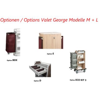 Caddie Valet George L, Seitenverkleidung aus melaminbeschichtetem Holz,Aussenmasse (Optionen   hochgeklappt): 1030 x 535 x 1474 mm, rundum Gummistossschutz, oberste Etage mit integriertem  Kleinartikelkasten mit variabler, Einteilung, 2 verstellbare Einlegeböden, inkl.  Optionen SAC  (Halterung mit Polyesterwäschesack) und  PVC (Müllsackhalterung mit Deckel und unterem Ablagegitter) 4 Lenkrollen mit Kunststoffgabel 150 mm ø, davon 2 mit Bremse, Gewicht : 64 kg., Transport ab Werk – Bild 3