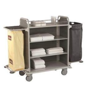 Caddie Valet Tahiti M, cadre en tube d'acier et revêtement peint gris clair (RAL 9006) panneaux d'habillage latéraux et arrière en HPL (choix de 3 couleurs) avec options SAC (support Sac à linge) et PVC (support Sac déchets) dimensions ext. (options plié): 890 x 566 x 1491 mm pare-chocs intégral non marquant, 2 étagères réglables, 4 roulettes pivotantes 150 mm ø dont 2 à freins, poids: 44 kg., charge utile: 150 kg. transport départ usine