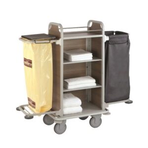 Chariot Caddie Valet Fidji S, cadre en tube d'acier revêtement peint gris clair, 4 niveaux de rangement dont 2 étagères règlables, panneaux d'habillages latéraux et arrière en HPL (choix de 3 couleurs),avec options SAC (support sac à linge) et PVC (support sac déchets) dim. ext. (options plié): 690 x 485 x 1491 mm, pare-chocs intégral non marquant, 4 roulettes pivotantes dont 2 à freins, poids: 27 kg., charge utile: 150 kg., transport départ usine