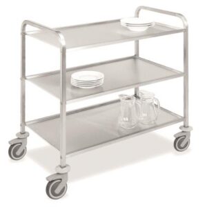 Servierwagen Caddinox 3, Edelstahl, 1113 x 622 x 1111 mm, 3 Etagen Etage mit Aufkantung, 4 Lenkrollen, 125 mm ø, mit Abweisringen, Gewicht: 25 kg., Zuladung: 150 kg.,  Transport ab Werk