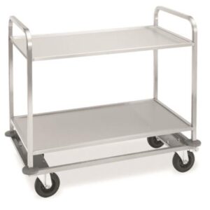 Servierwagen Super Caddinox 2, Edelstahl, mit verstärktem Fahrgestell, 1113 x 622 x 983 mm, 2 Etagen, Etage mit Aufkantung, 4 Lenkrollen 160 mm ø, mit Abweisringen, davon 2 mit Bremse   Gewicht: 40 kg., Zuladung:250 kg., Transport ab Werk