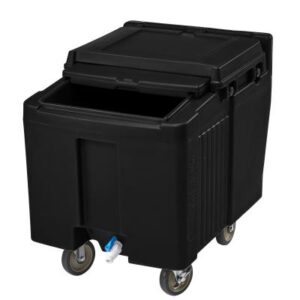 Chariot à glace  noir avec couvercle coulissant, modèle bas 2 roulettes fixes et 2 pivotantes dont 1 à frein, Capacité: 57 kg, Dimensions extérieures: 58,5 x 80 x 74,5 cm