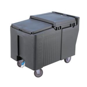 Chariot à glace gris granité avec couvercle coulissant, modèle bas 2 roulettes fixes et 2 pivotantes dont 1 à frein, Capacité: 80 kg, Dimensions extérieures: 61 x 95,5 x 74,5 cm