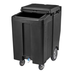 Chariot à glace  noir avec couvercle coulissant 2 roulettes pivotantes dont 1 à frein, 2 roulettes Easy Wheel, 25,4 cm ø, Capacité: 91 kg, Dimension s extérieures: 58,5 x 86,5 x 100,5 cm