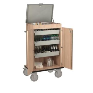 Barwagen Charlotte M, 850 x 535 x 1270 mm, mit Griffstange, 3 Schubladen mit verstellbarer Inneneinteilung abschliessbare Türen, rundum Gummistossschutz, 4 Lenkrollen Polyamid 150 mm ø, davon 2 mit, Bremse,  Deckel als Option erhältlich Zuladung 150 kg., Eigengewicht 65 kg., Farbwahl aus 9 Dekoren,  Transport ab Werk