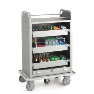 Barwagen Bora Bora M, 890 x 566 x 1333 mm, mit Stahlrohrrahmen grau pulverbeschichtet, Seitenteile und Rückwand aus HPL-Platten (3 Farben wählbar), Kunststoffrollo abschliessbar, 3 Schubladen nmit verstellbarer Inneneinteilung oberste Etage mit Schutzreling, rundum Gummistossschutz, 4 Lenkrollen CMP 150 mm ø 2 mit Bremse und  5. Rolle für bessere Manövrierbarkeit Gewicht: 54 kg., Zuladung 150 kg., Transport ab Werk