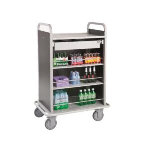 Chariot Bar Service Ibiza M, 890 x 566 x 1333 mm, structure en tube d'acier avec revêtement peinture gris clair RAL 9006, panneaux latéraux et arrière en bois HPL, pare-chocs intégral non marquant,3 niveaux avec barres métalliques de retenue, dont 2 étagères ajustable 1 tiroir en métal avec 2 séparateurs ajustable HPL, 4 roulettes pives. 150 mm ø charge utile 150 kg., poids 40 kg., transport départ usine