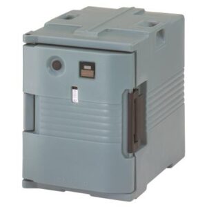 Conteneur de transport isotherme gamme Ultra Pan H-Series, chargeur frontal avec chauffage intégré, une douce chaleur non rayonnante comprise entre 65° et 74° C ne cuit pas et ne dessèche pas les aliments, type de fiche Euro plug. CEE7