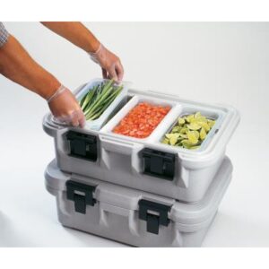 Conteneur de transport isotherme gamme S, construction en polypropylène durable avec joint intégré et gros systèmes de fermeture en nylon, pour1 bac GN1/1 profondeur 150 mm dim. extérieurs 64 x 43,5 x 26 cm, gris moucheté