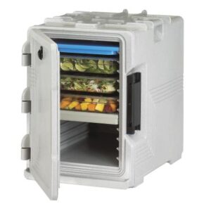 Conteneur de transport isotherme gamme S, chargeur frontal, coque en polyéthylène durable avec épaisse couche isolante en mousse de polyuréthane, dim. extérieur 63,5 x 46 x 63 cm poids 21,1 kg. la porte s'enlève pour faciliter le nettoyage, option: kits de roulette gris moucheté